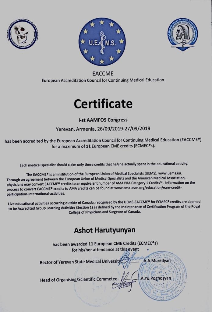 Zertifikat von Dr. Ashot Harutyunyan